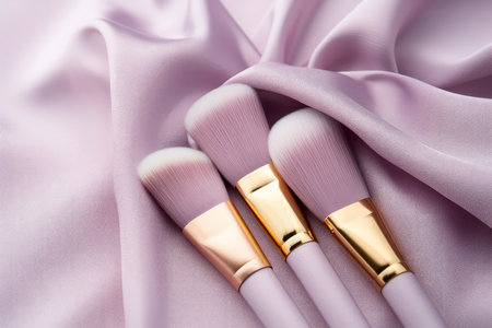 Makeup brushes on pink satin background, beauty and fashion conceptの素材