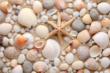 Seashells and starfish on sand background. Top viewの素材