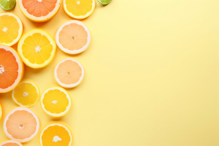 Slices of different citrus fruit on yellow background, top viewの素材