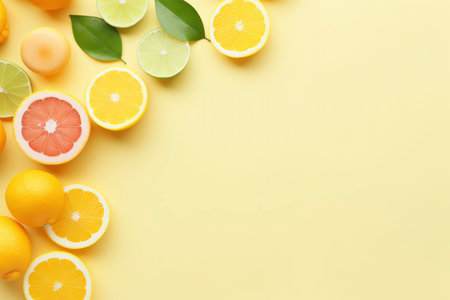 Citrus fruits on yellow background, top view. Space for textの素材
