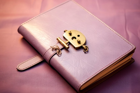 pink leather notebook with key and keyhole on a pink backgroundの素材