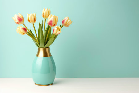 Bouquet of tulips in turquoise vase on white table and turquoise backgroundの素材