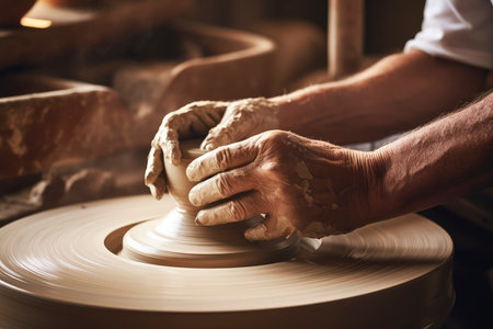 Hands of a potter creating an earthen jar on the pottery wheelの素材