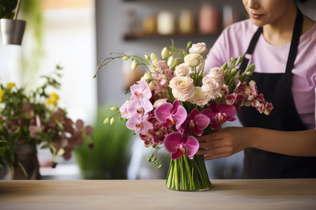 Female florist holding beautiful bouquet in flower shop, closeupの素材