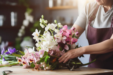 Female florist making a bouquet of orchids in her flower shopの素材