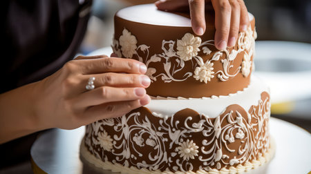Wedding cake decorated with flowers and lace, close-upの素材