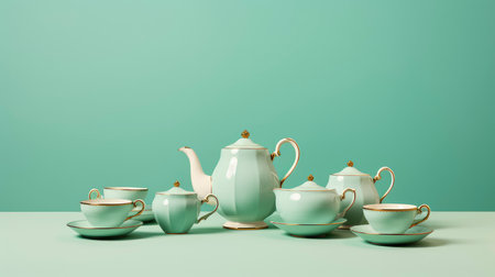 Ceramic teapot and teacups on green backgroundの素材