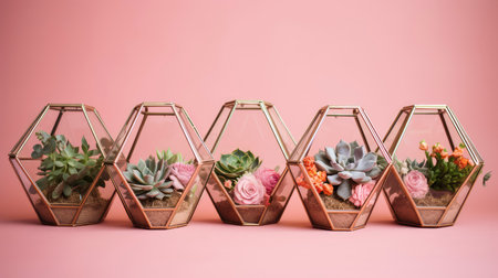 Small succulent plants in glass vases isolated on pink background.の素材