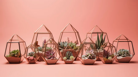 succulents in glass florariums on pink backgroundの素材