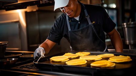 African american male chef preparing a pancake in a commercial kitchenの素材