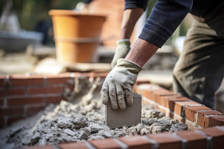 Close-up of a bricklayer using a trowel to put bricksの素材