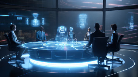 Silhouettes of business people working in modern office with hologram screensの素材