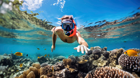 Woman snorkeling over coral reef with fishes and coralsの素材
