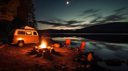 Camping by the lake at night with a camper van.の素材
