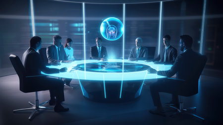 Group of business people working and communicating together in modern office with glowing hologram screens. Toned image double exposureの素材