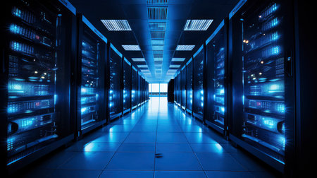 server room data center with racks and rows of hard drives 3d renderingの素材