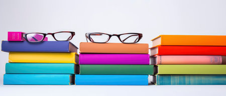 Stack of books with eyeglasses on white background. Education concept.の素材