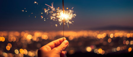Silhouette of hand holding sparkler on bokeh backgroundの素材