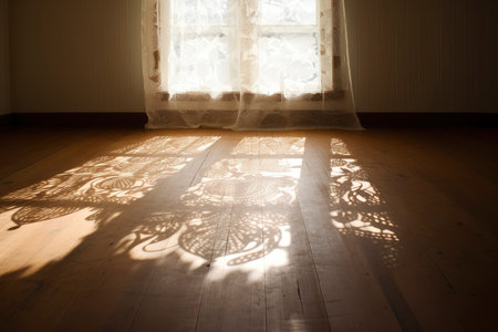 Shadow of a window on a wooden floor in a room with sunlightの素材