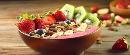 Yogurt with fresh berries, seeds and nuts on wooden tableの素材