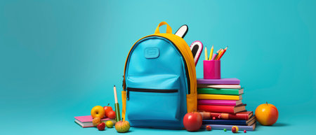 School backpack with stationery on a blue background. 3d illustrationの素材