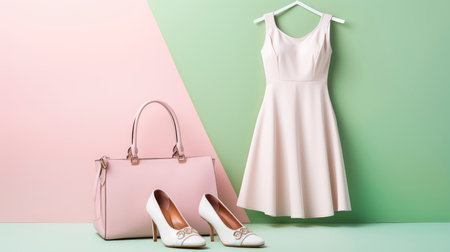 Wedding dress, shoes and handbag on pastel backgroundの素材
