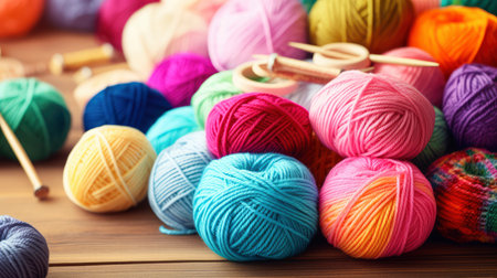 Multicolored balls of yarn and knitting needles on a wooden backgroundの素材