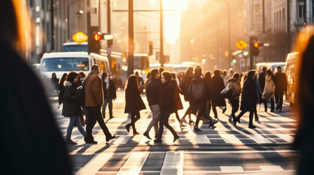 Crowd of people walking in the city at sunset. Blurred motion.の素材
