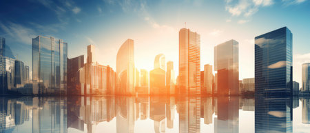Cityscape of modern skyscrapers at sunset with reflection in waterの素材