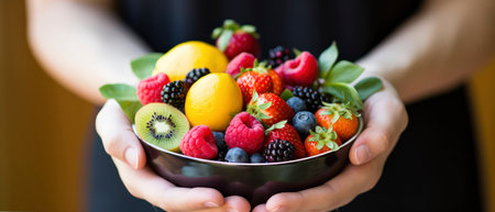 Woman holding a bowl of fresh fruits and berries. Healthy eating concept.の素材