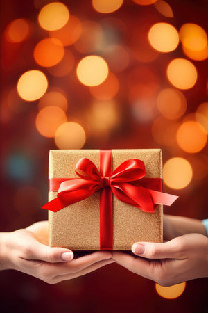 holidays, presents, christmas and people concept - close up of male hands holding gift box over lights backgroundの素材