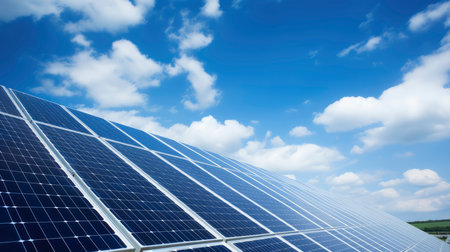 solar energy in solar power plant with blue sky and white cloudsの素材