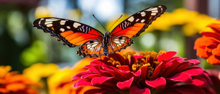 Butterfly on a red zinnia flower in the gardenの素材