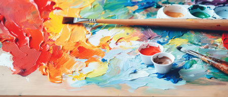 Paint brushes and palette on wooden table. Painting art concept.の素材