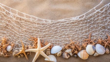 White net with seashells and starfish on sand background.の素材