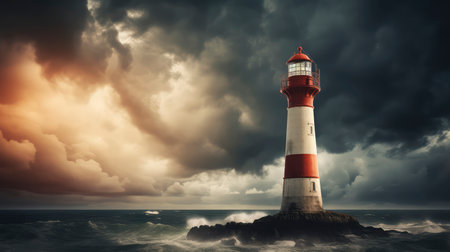 Lighthouse in the sea with stormy sky. 3d renderingの素材
