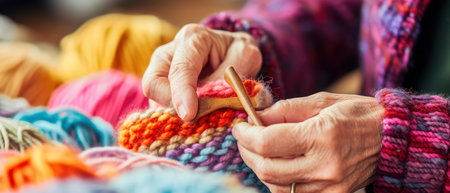 Close up of an elderly woman's hands knitting. Selective focus.の素材