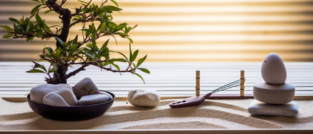 Japanese style zen garden setting with zen stones and bonsaiの素材