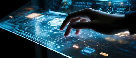 Close up of human hand touching icon on media screen 3D renderingの素材