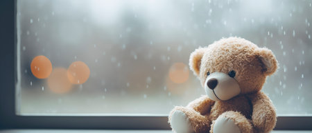 Teddy bear sitting on the windowsill with raindrops on the background.の素材