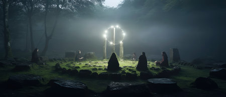 Mystical dark forest in fog. Fantasy landscape. 3D renderingの素材