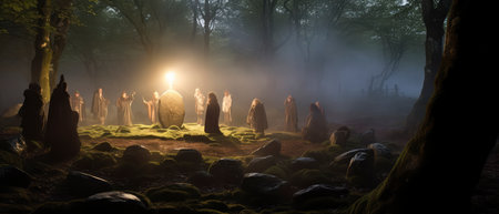 Mysterious dark forest with three wise men in the mist. 3d renderingの素材