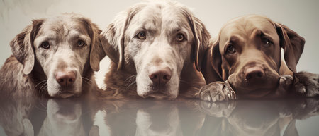 Group of three dogs looking at camera with reflection on the floor.の素材