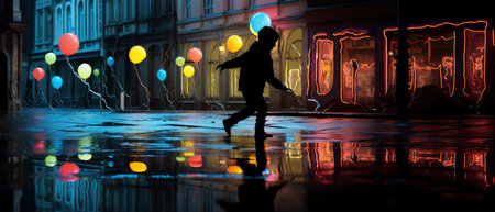Silhouette of a child playing with colorful balloons in the rainの素材