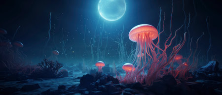 Fantasy jellyfish in the sea. 3d render illustration.の素材