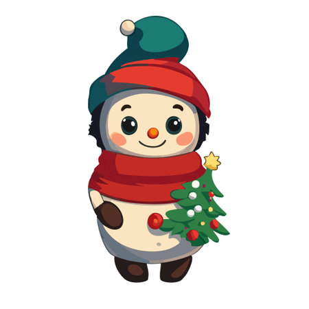 Cute Snowman holding small Christmas Treeのイラスト素材