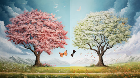Beautiful spring landscape with blooming trees and butterflies. Digital painting.の素材
