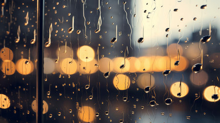 Rain drops on the window with bokeh lights in the backgroundの素材