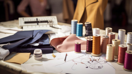 Sewing machine and sewing accessories on the table in tailor shopの素材