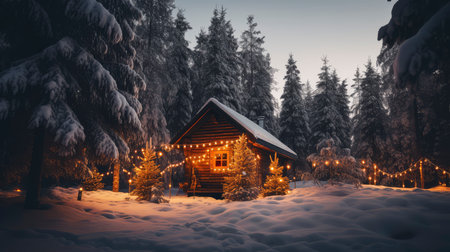 Beautiful wooden house in winter forest at night. Christmas background.の素材